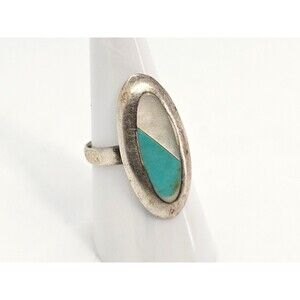 Sterling Silver Geometric Turquoise & Mother of Pearl Ring Size 8